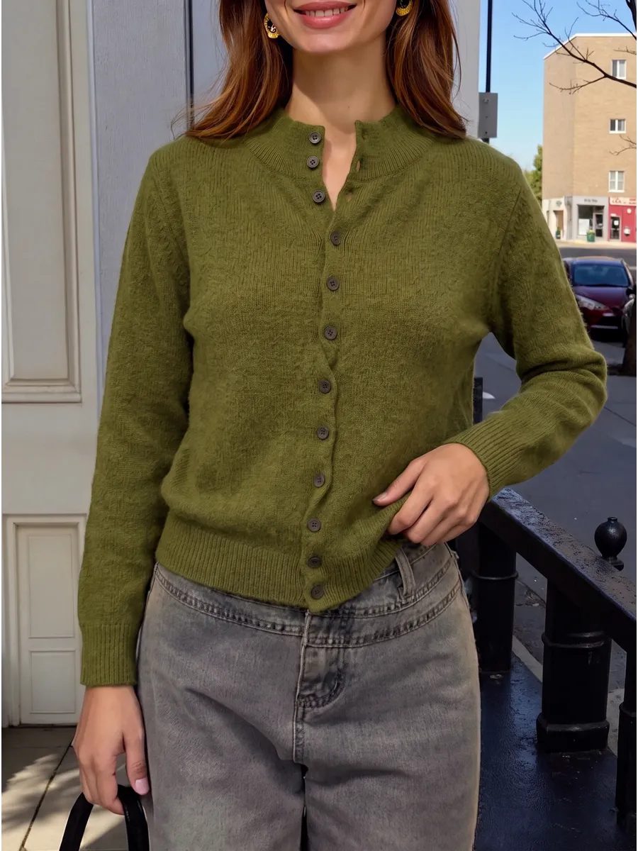 Olive Cropped Ribbed-Trim Cardigan – view 3