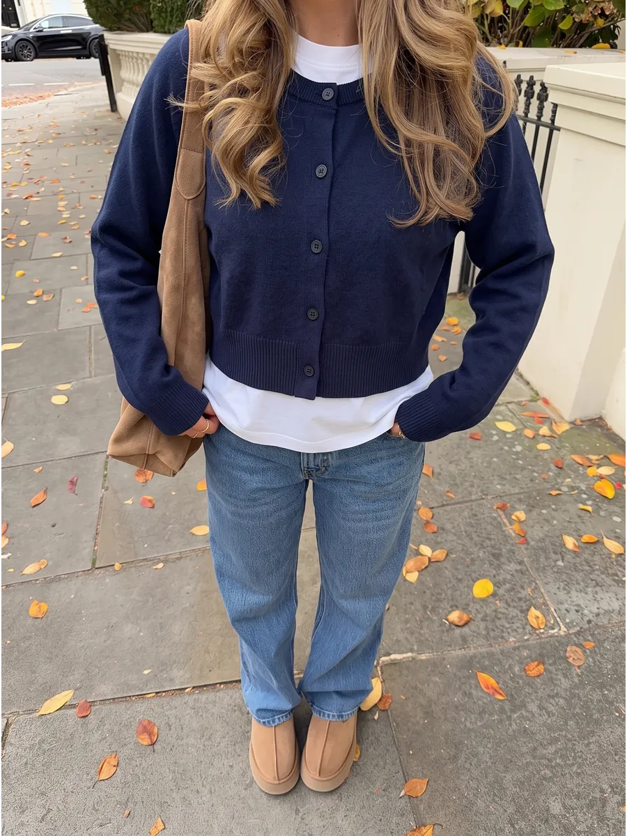 Blue Cropped Ribbed-Trim Cardigan
