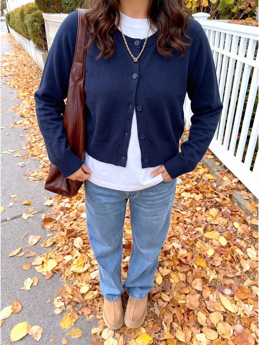 Blue Cropped Ribbed-Trim Cardigan – view 2
