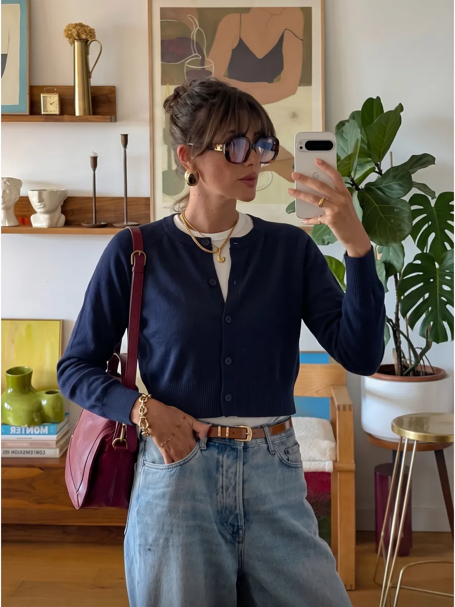 Blue Cropped Ribbed-Trim Cardigan – view 3
