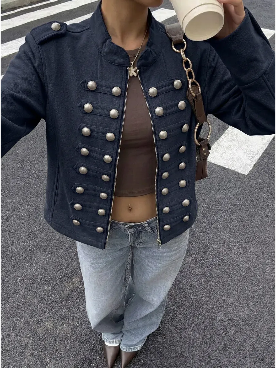 Blue Cropped Military Button Jacket