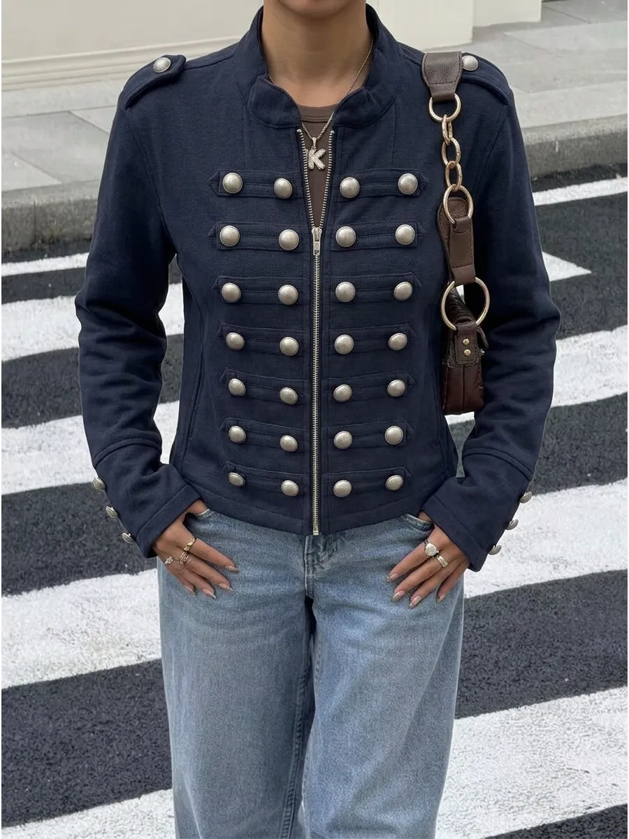 Blue Cropped Military Button Jacket – view 2