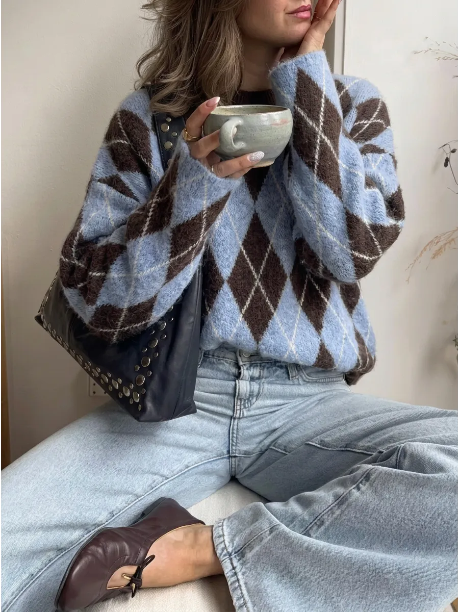 Brown Oversized Argyle Jumper – view 2