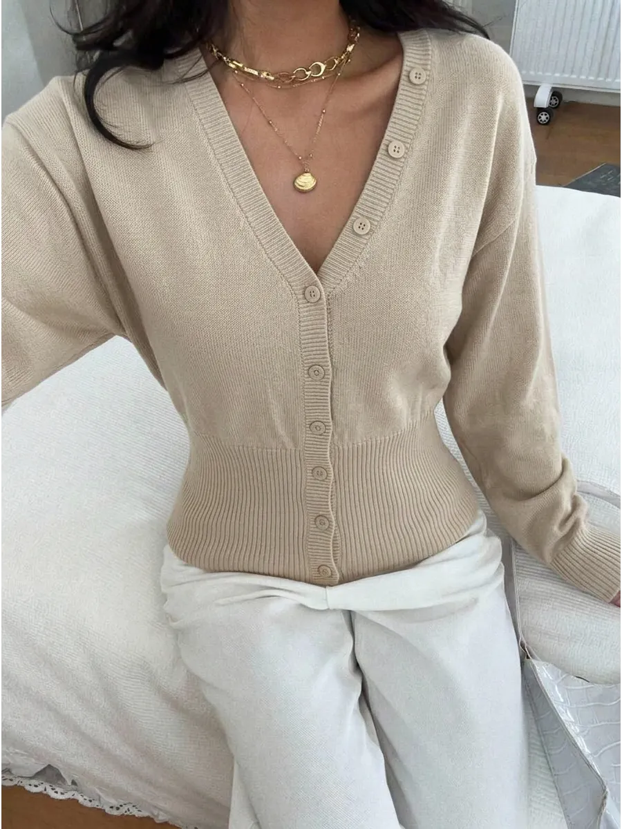 Beige Fitted V-Neck Button Cardigan