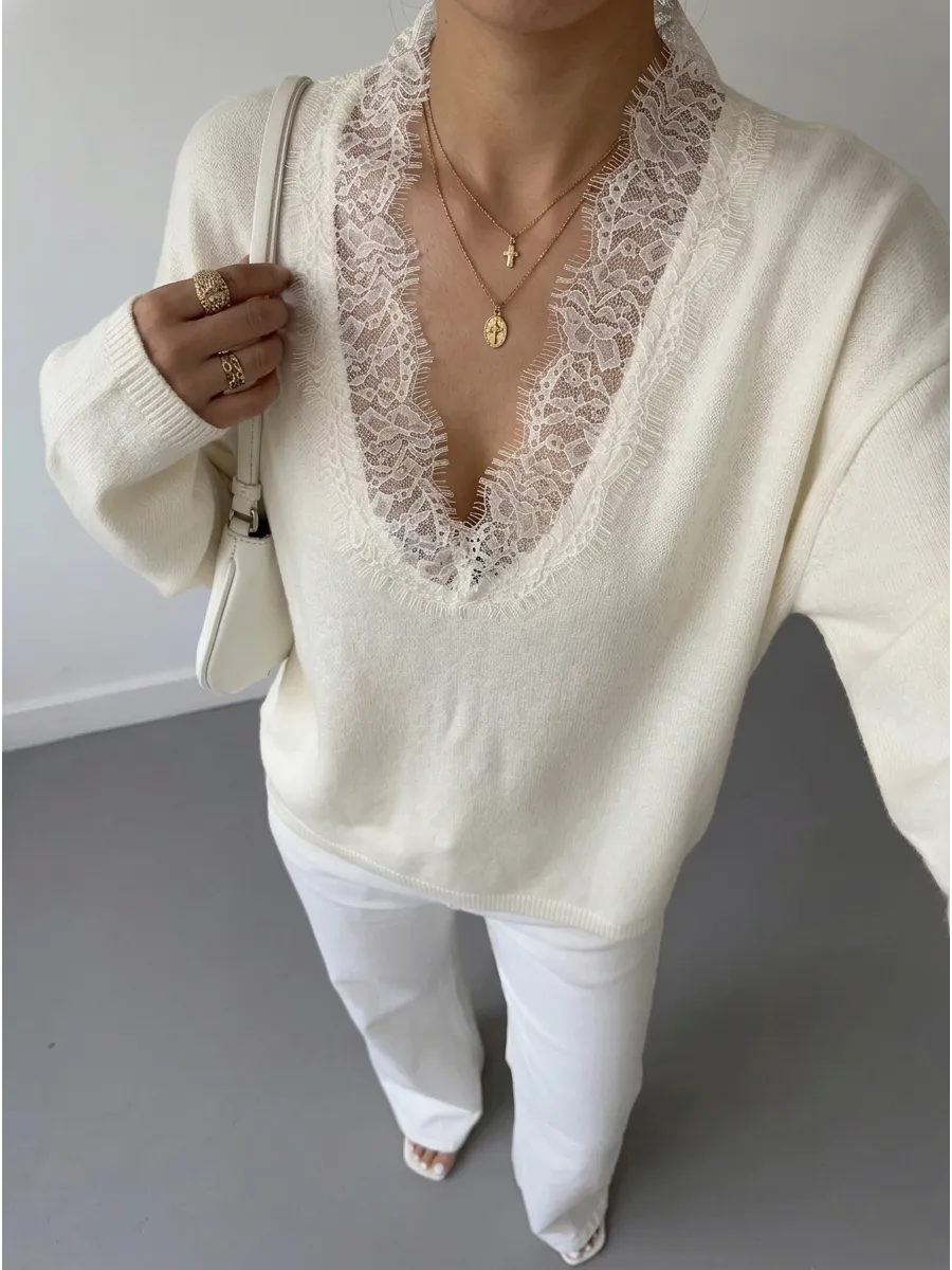 White Lace-Trim V-Neck Jumper