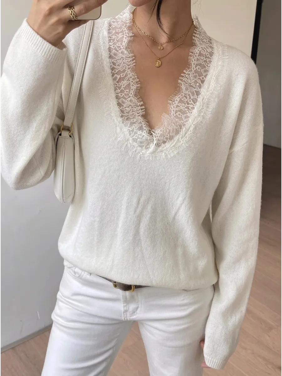 White Lace-Trim V-Neck Jumper – view 3