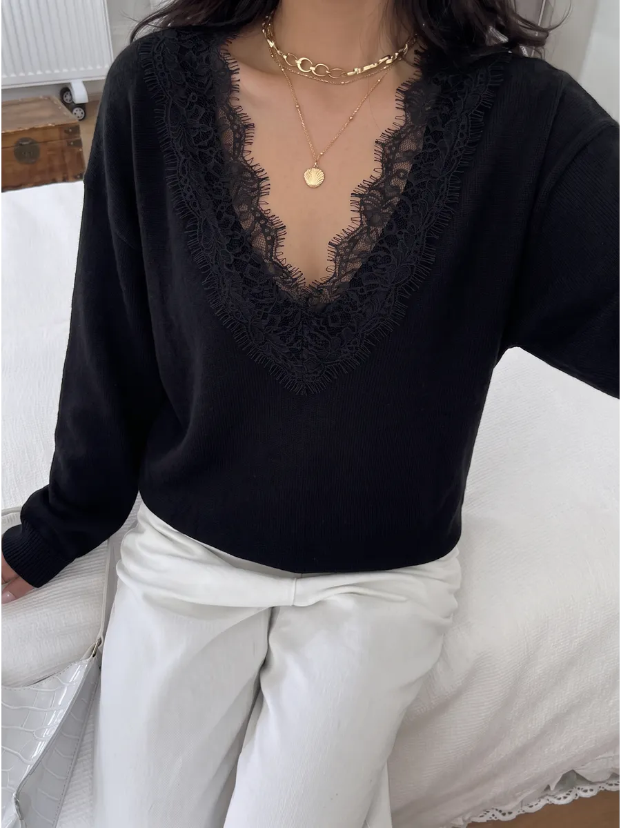 Black Lace-Trim V-Neck Jumper
