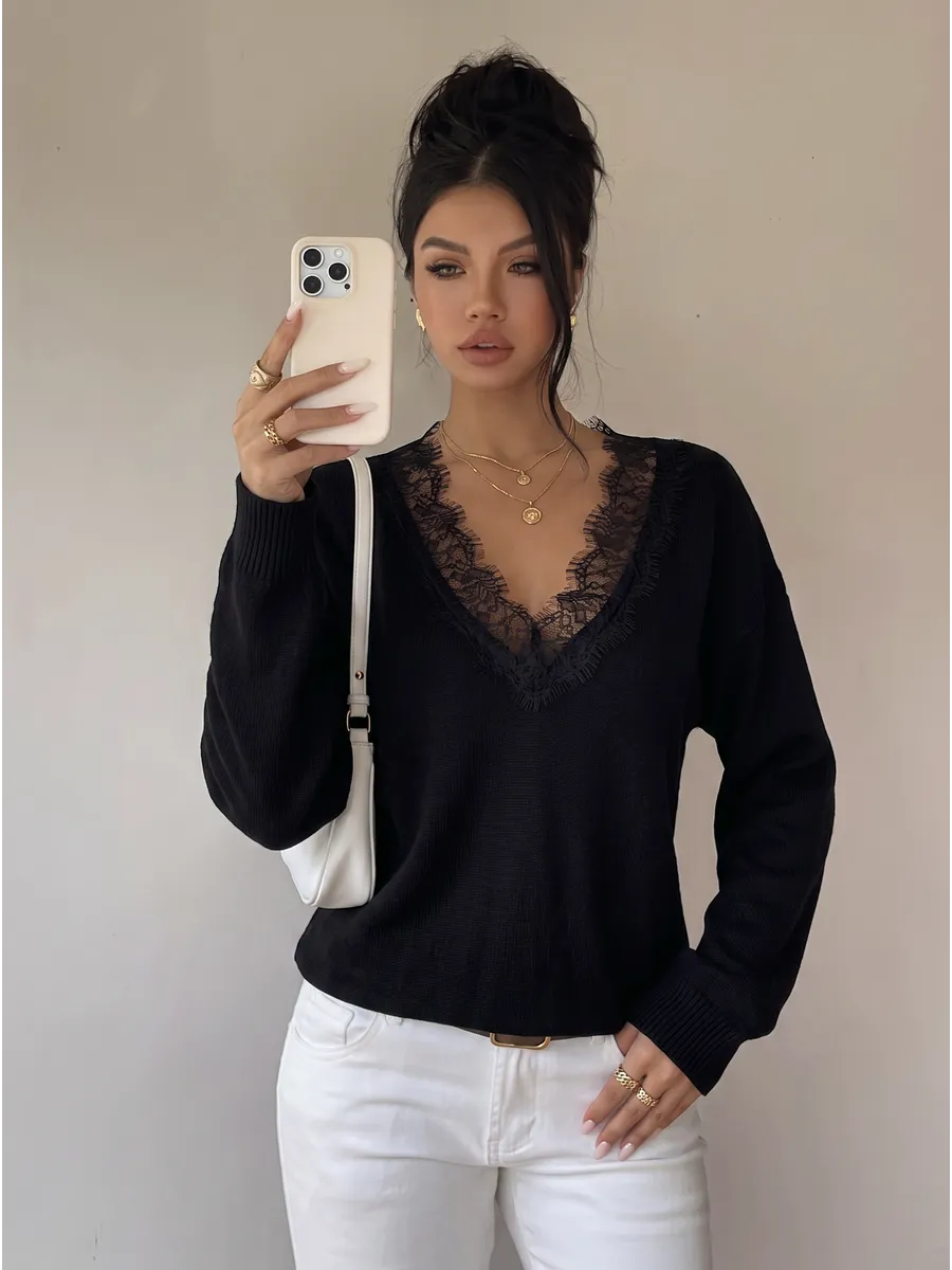 Black Lace-Trim V-Neck Jumper – view 2