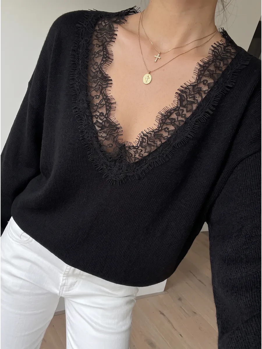 Black Lace-Trim V-Neck Jumper – view 3