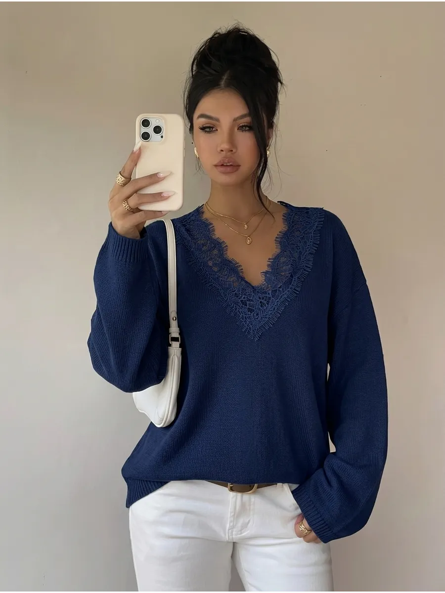 Navy Lace-Trim V-Neck Jumper – view 2
