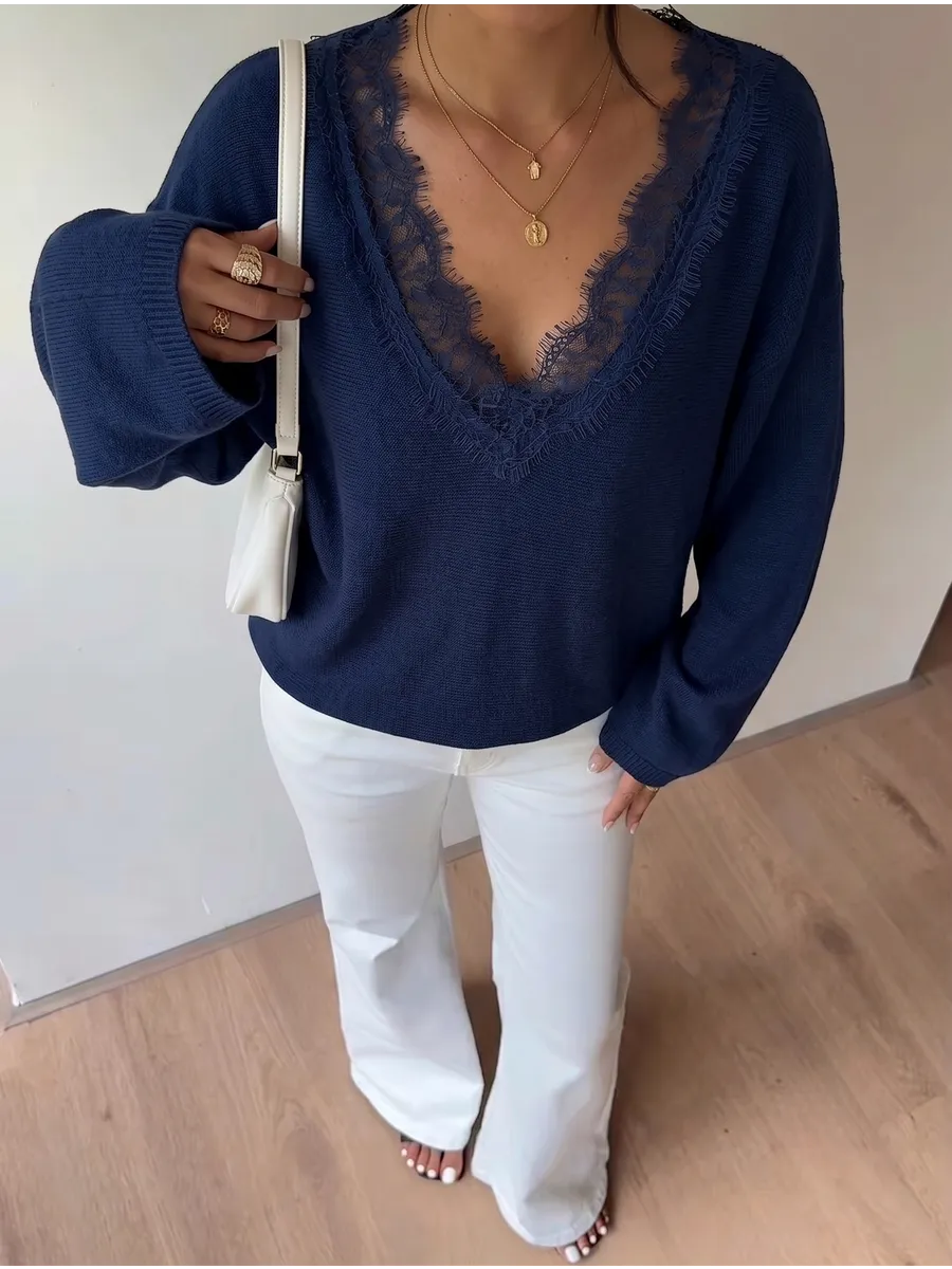 Navy Lace-Trim V-Neck Jumper – view 3