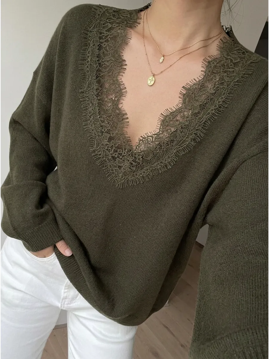 Olive Lace-Trim V-Neck Jumper