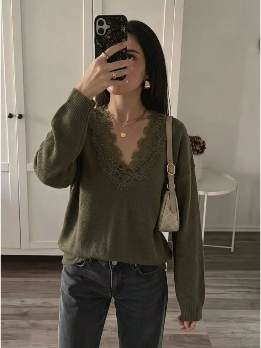 Olive Lace-Trim V-Neck Jumper – view 3