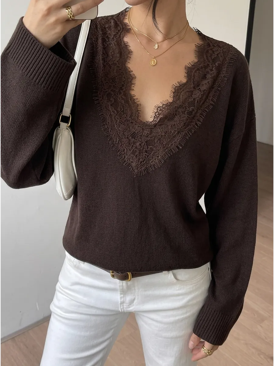 Chocolate Lace-Trim V-Neck Jumper