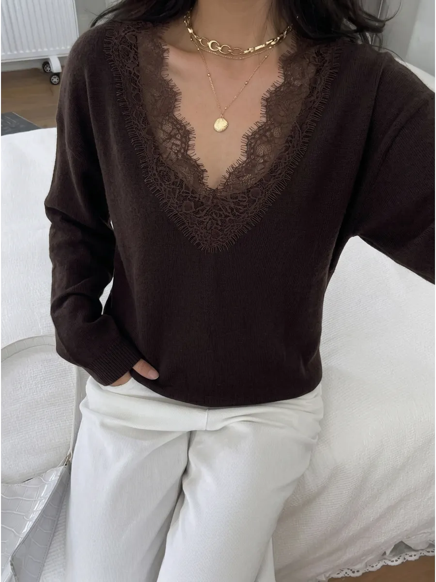 Chocolate Lace-Trim V-Neck Jumper – view 2