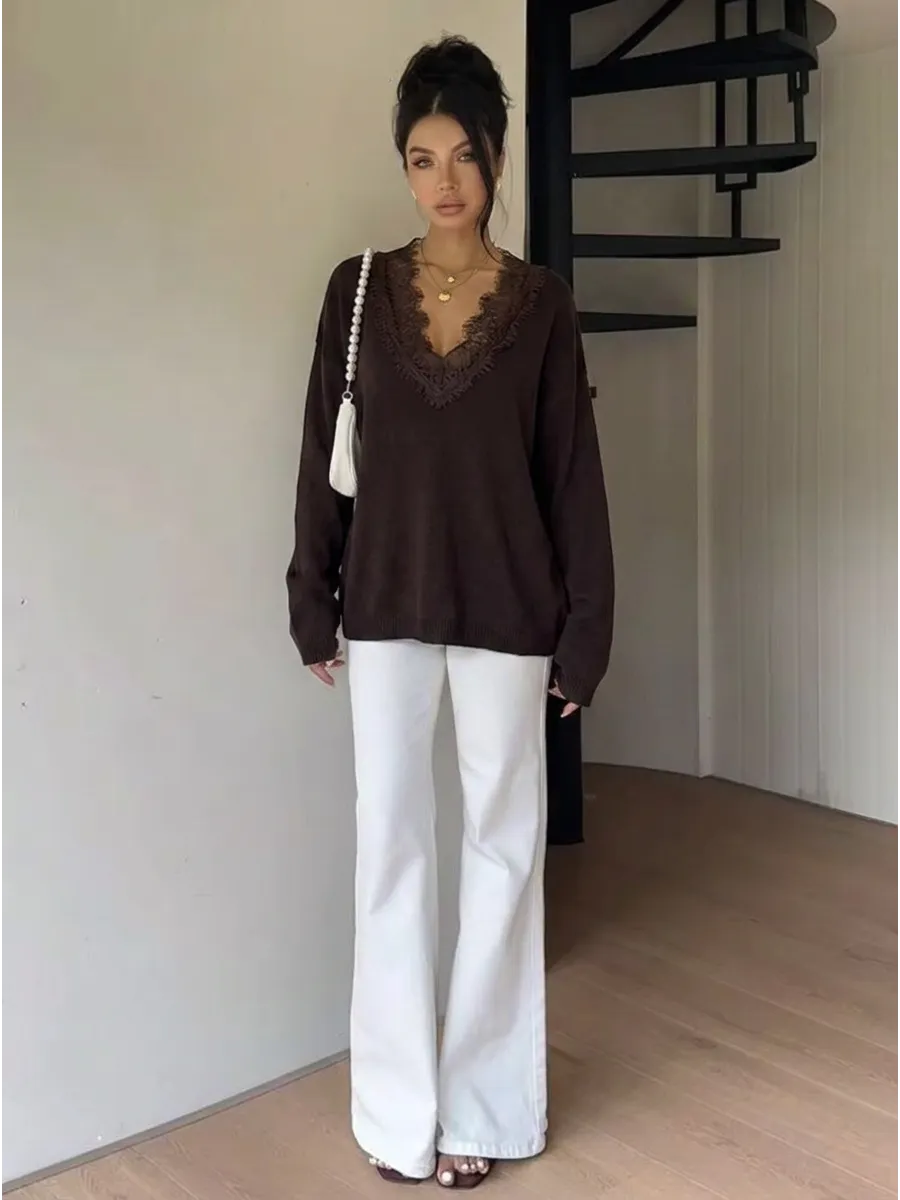 Chocolate Lace-Trim V-Neck Jumper – view 3