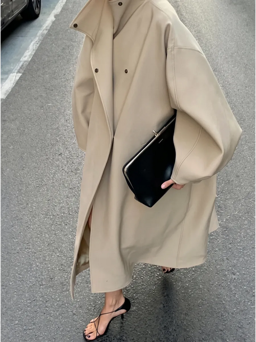 Beige Oversized Press-Stud Trench Coat