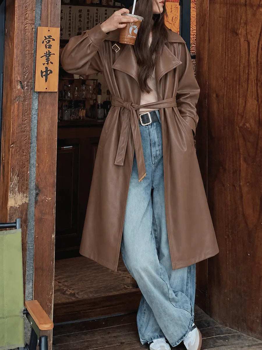 Light Brown Long Faux Leather Belted Trench