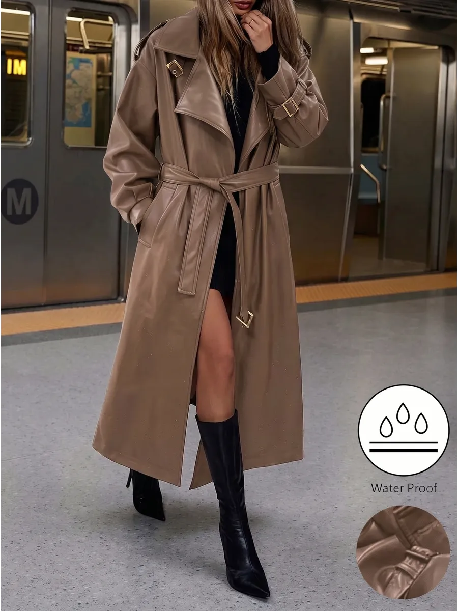 Light Brown Long Faux Leather Belted Trench – view 3