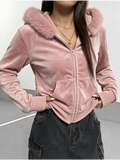 Pink Velour Faux Fur Trim Zip Hoodie – view 2