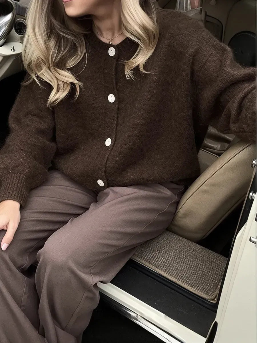 Brown Cropped Oversized Button Cardigan – view 2