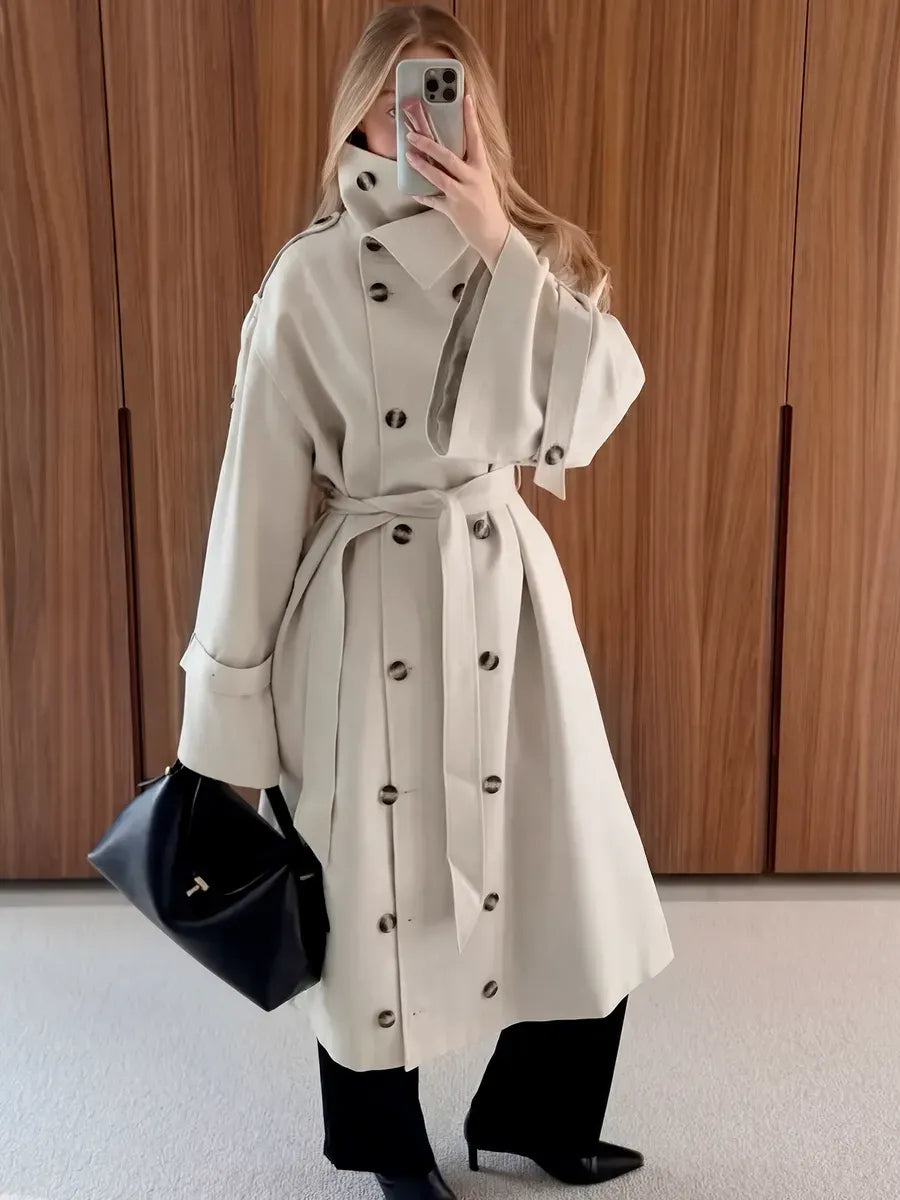 Beige Long Double-Breasted Belted Trench