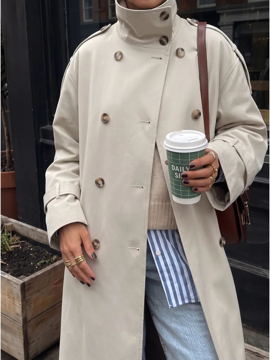 Beige Long Double-Breasted Belted Trench – view 2