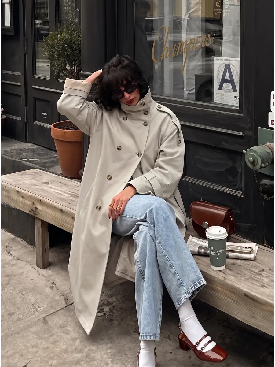 Beige Long Double-Breasted Belted Trench – view 3