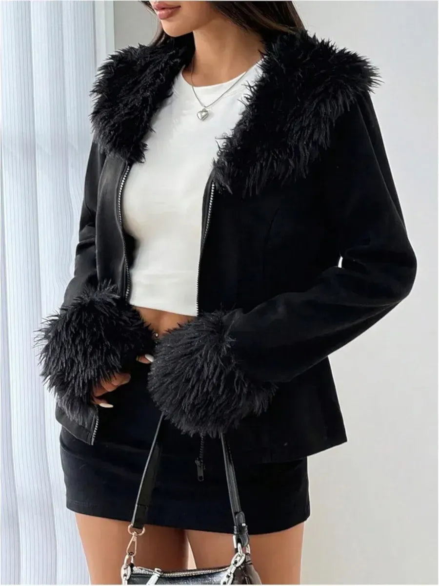 Black Faux Fur Trim Zip Sweat Top – view 2