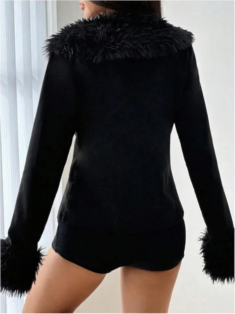 Black Faux Fur Trim Zip Sweat Top – view 3