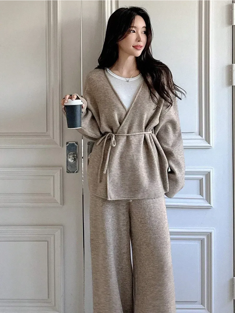 Beige Knitted Wrap Co-ord Set