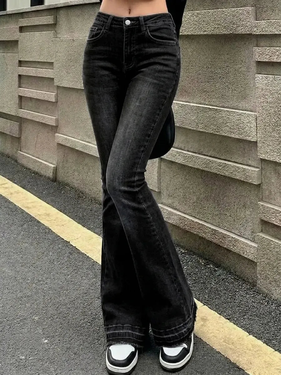 Washed Grey Low-Rise Flared Jeans