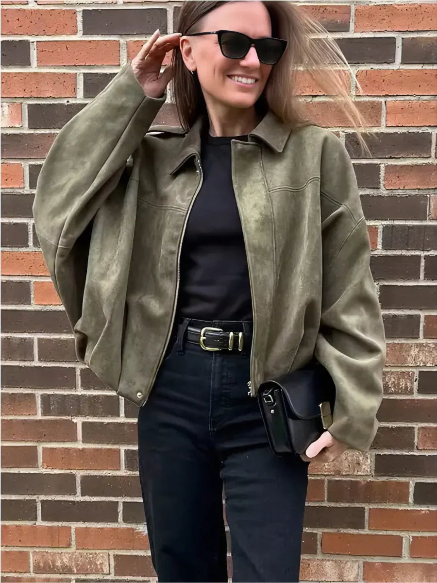 Olive Khaki Suede-Effect Oversized Bomber – view 3