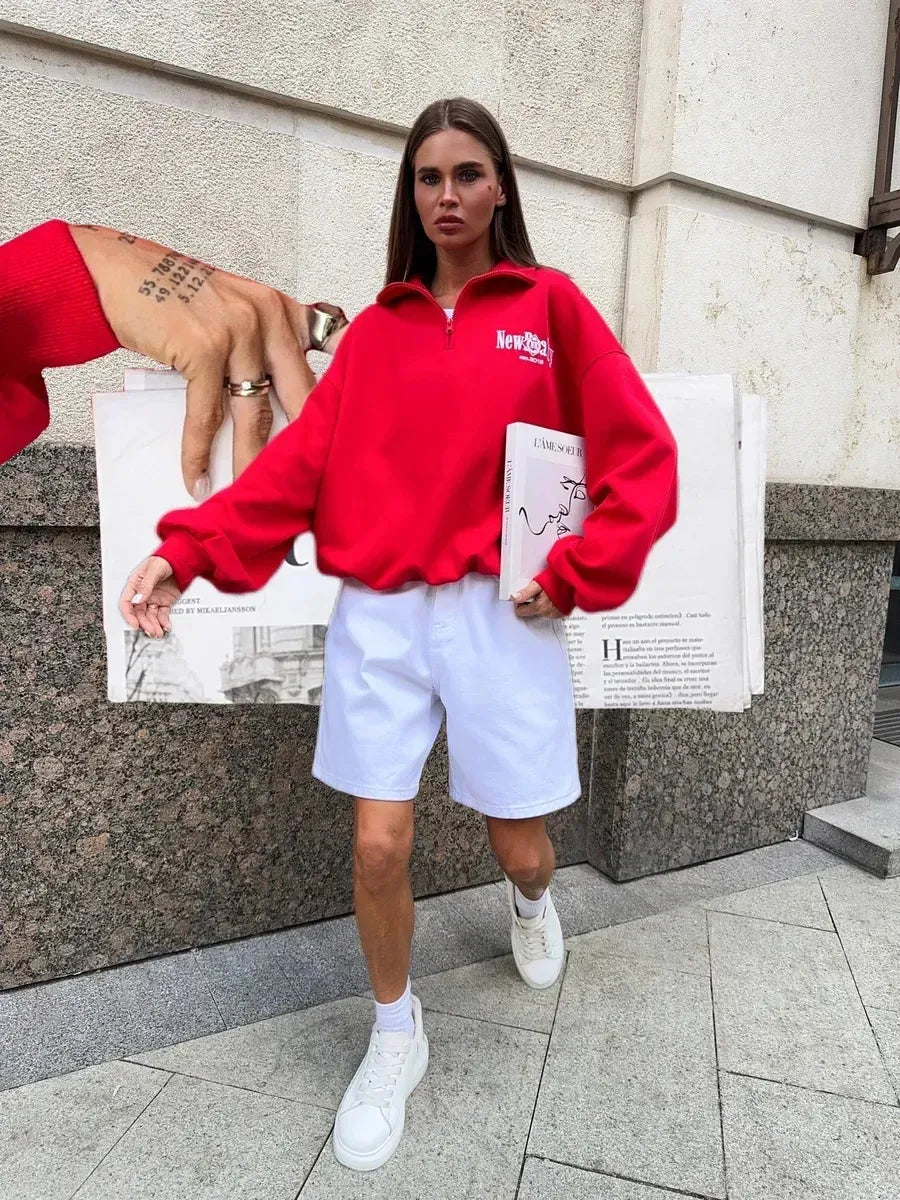 Bright Red Fleece-Back Half-Zip Sweatshirt