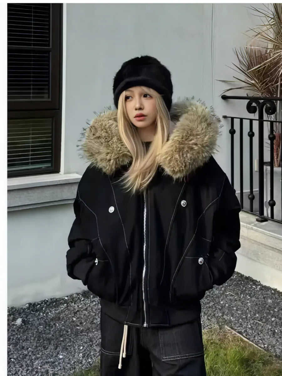 Black Oversized Faux Fur Bomber – view 3