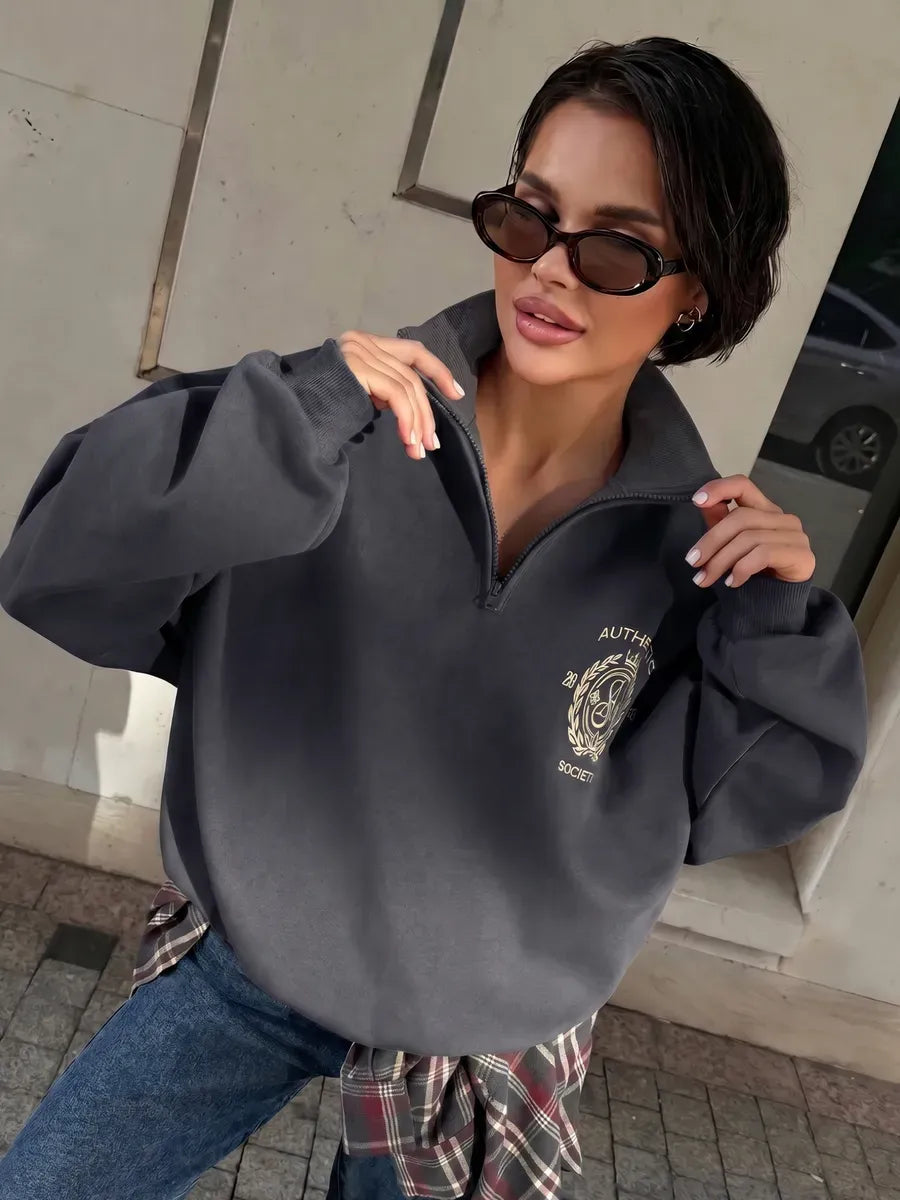 Charcoal Grey Half-Zip Sweatshirt with Crest Embroidery