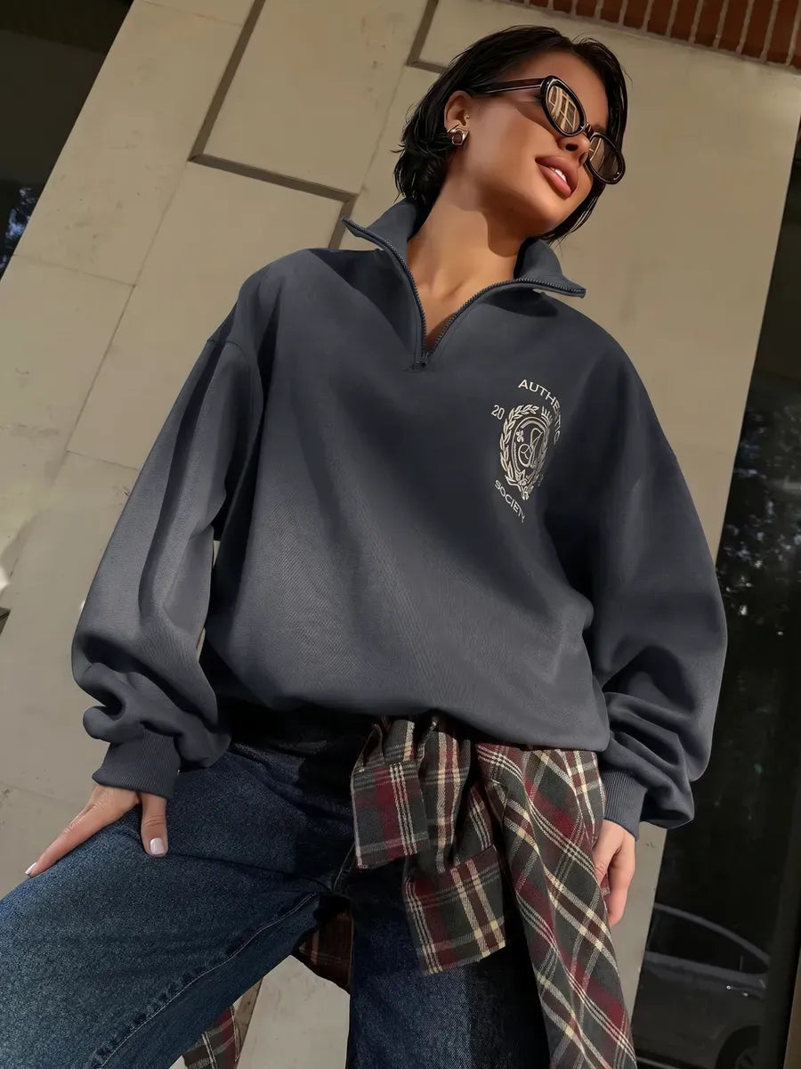 Charcoal Grey Half-Zip Sweatshirt with Crest Embroidery – view 2