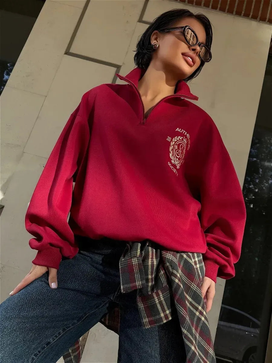 Cherry Red Half-Zip Sweatshirt with Crest Embroidery – view 2