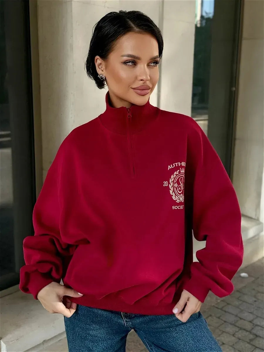 Cherry Red Half-Zip Sweatshirt with Crest Embroidery – view 3
