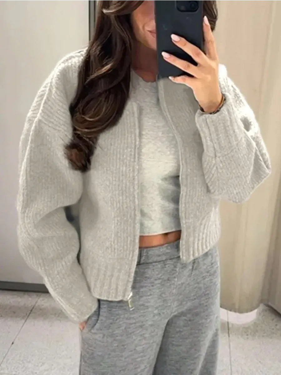 Light Grey Cropped Ribbed Zip Cardigan