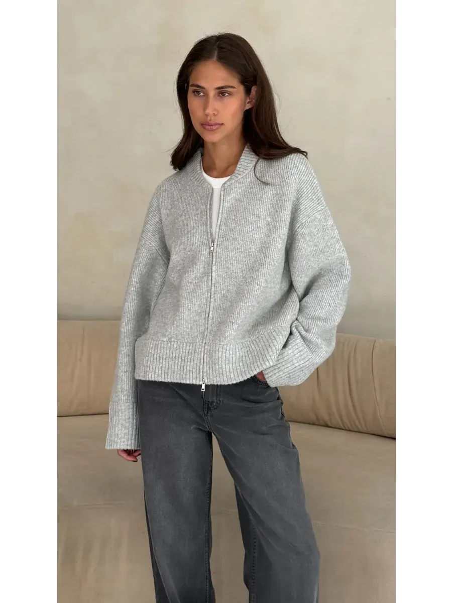 Light Grey Cropped Ribbed Zip Cardigan – view 2