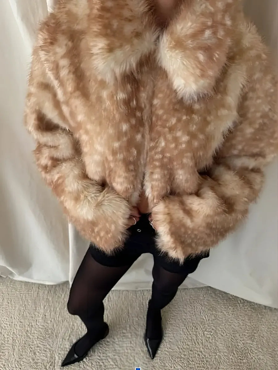 Leopard Faux Fur Coat with Hook Fastening