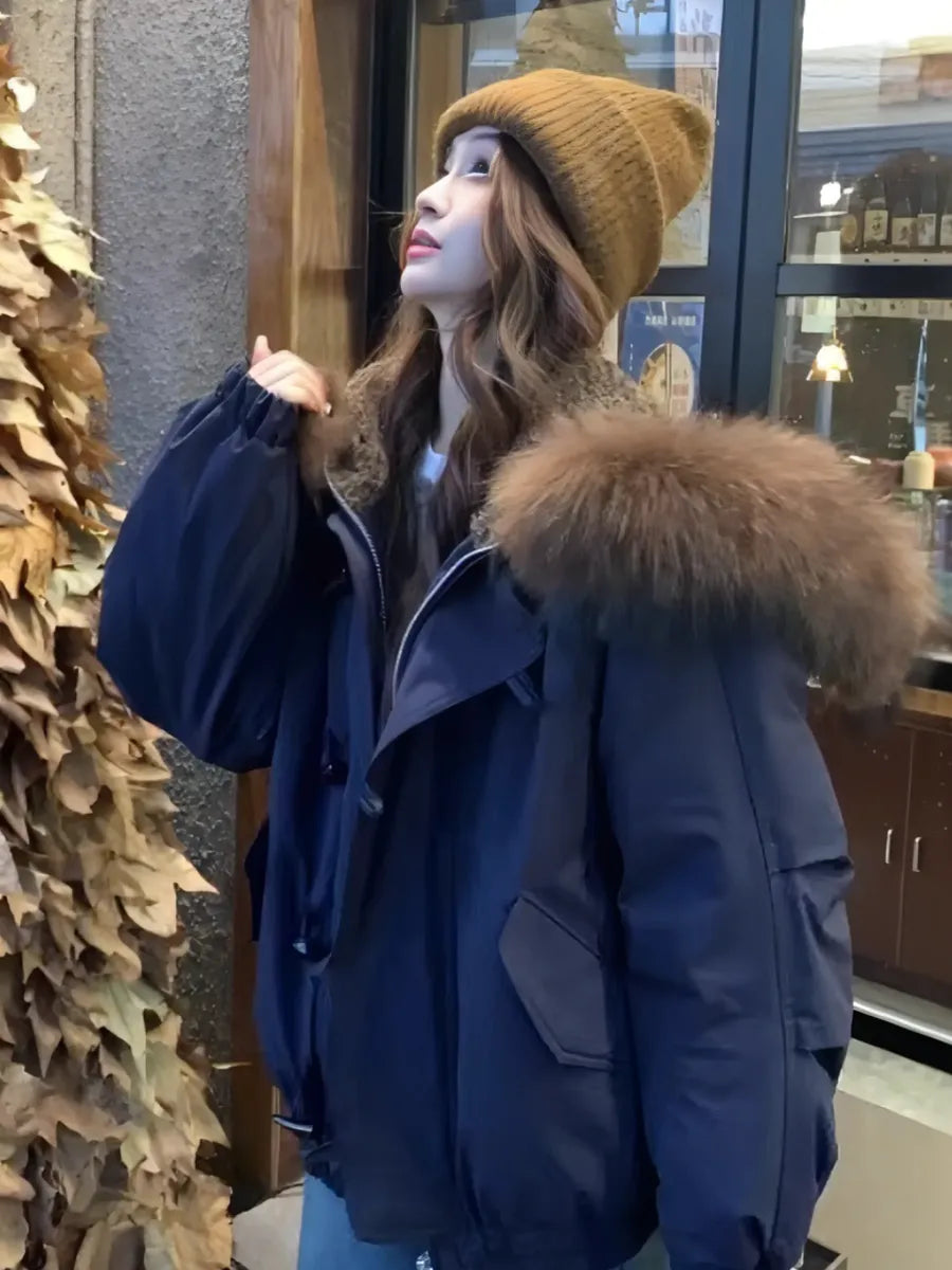Blue Oversized Parka with Faux Fur