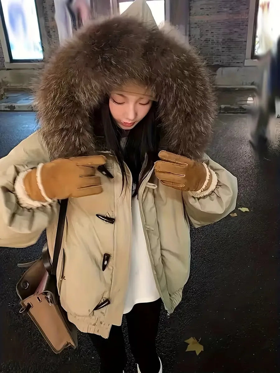 Beige Oversized Faux Fur Trim Parka – view 2