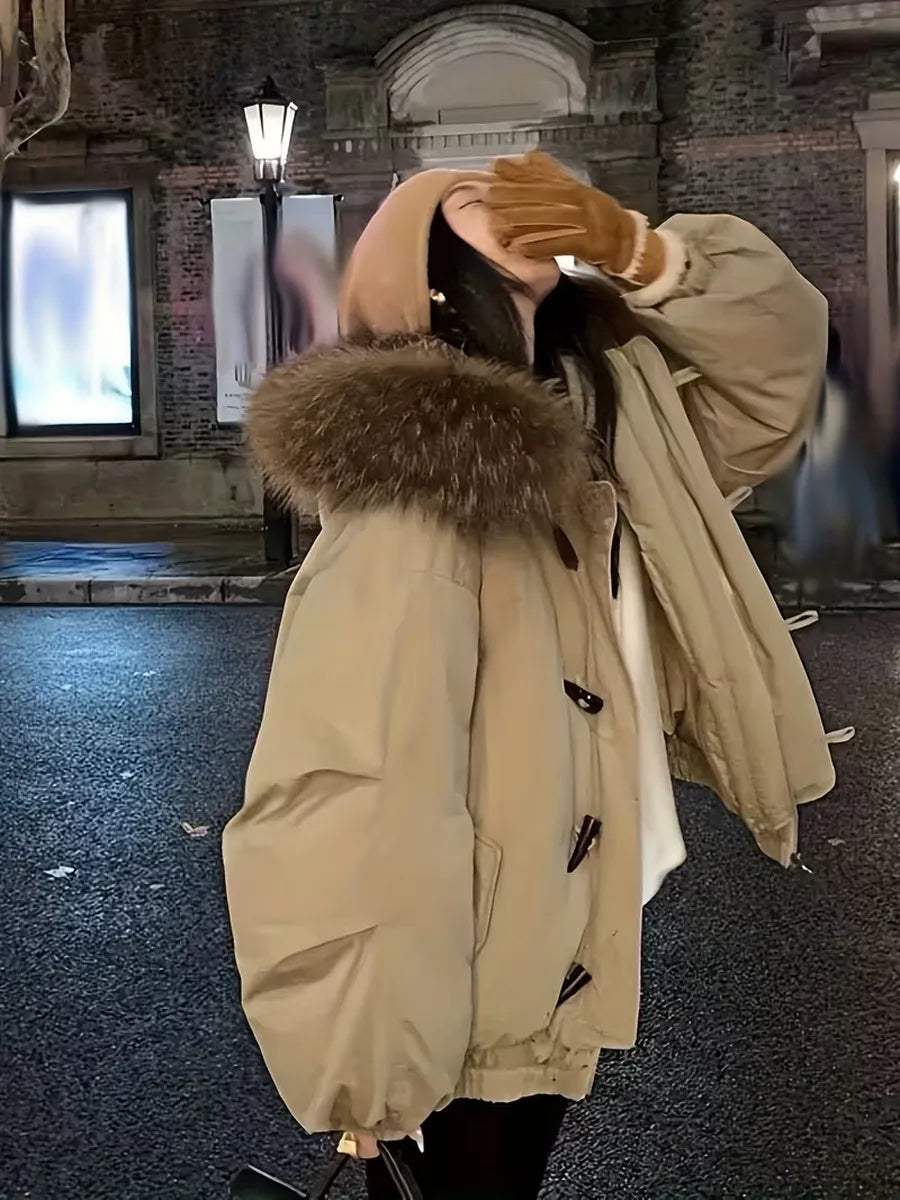 Beige Oversized Faux Fur Trim Parka – view 3