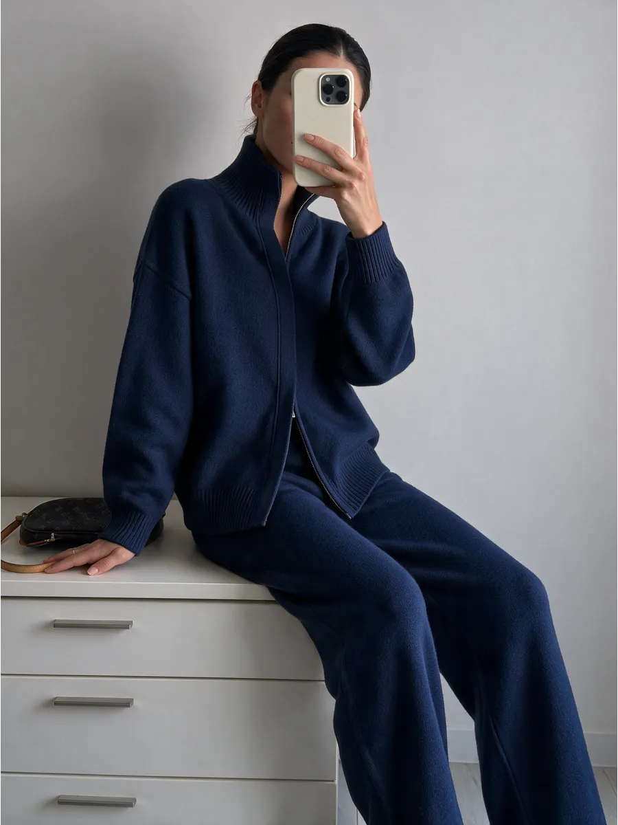 Navy Knitted Zip Co-ord Set