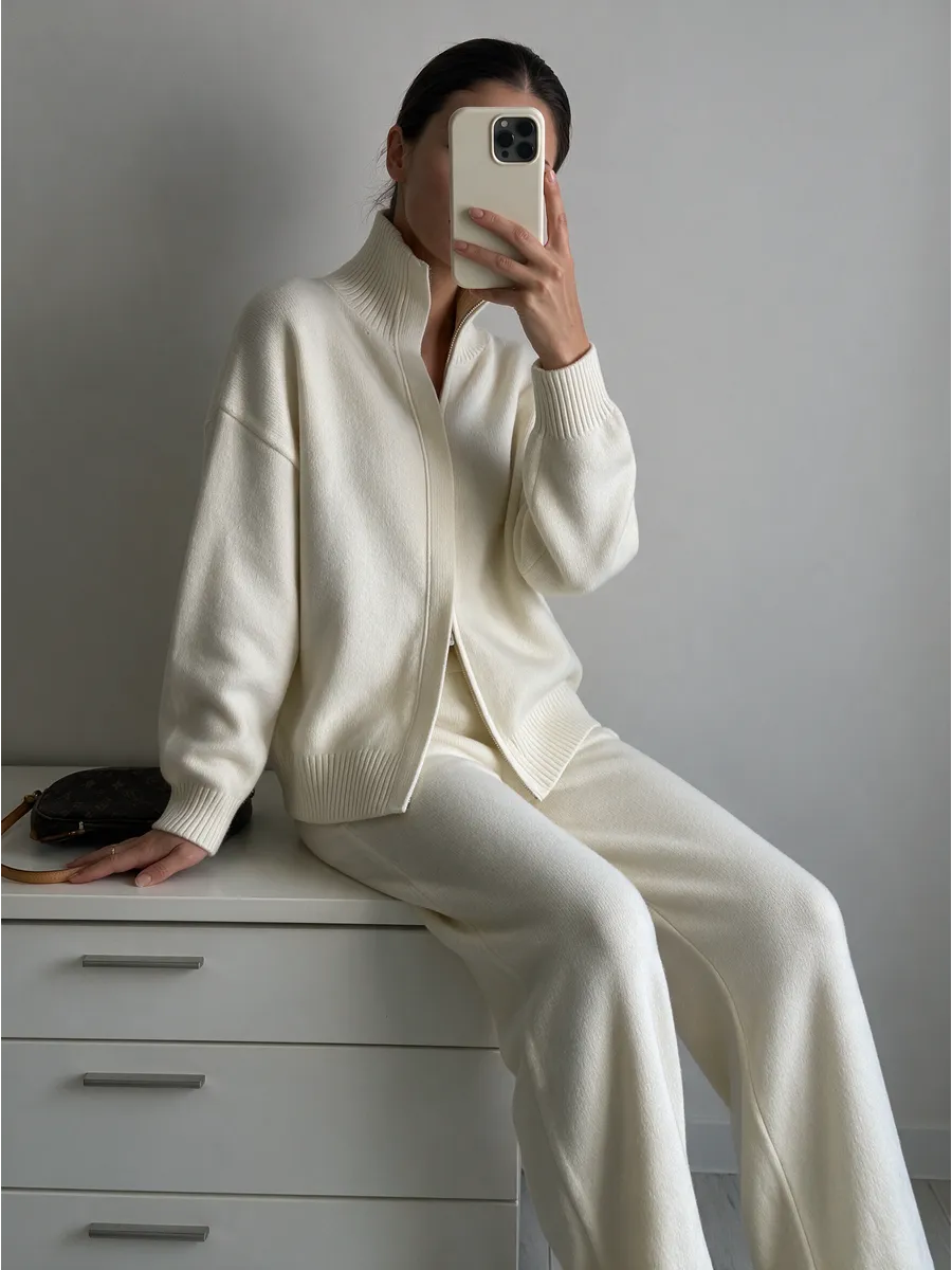Milk White Knitted Zip Co-ord Set