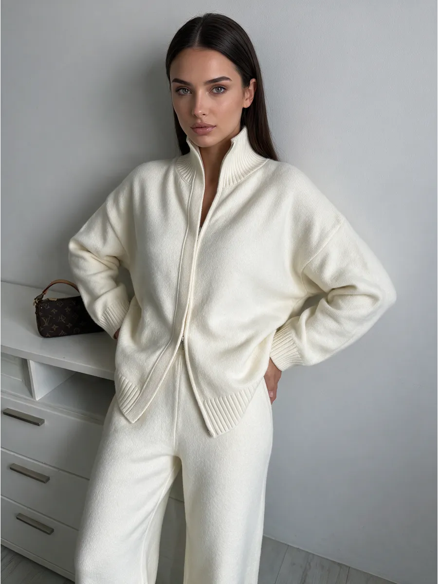 Milk White Knitted Zip Co-ord Set – view 2