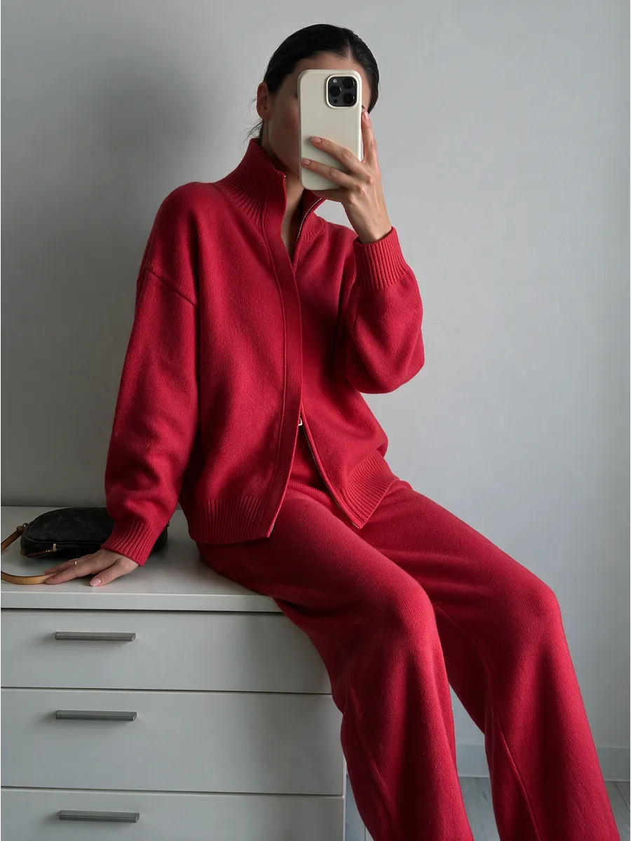Red Knitted Zip Co-ord Set