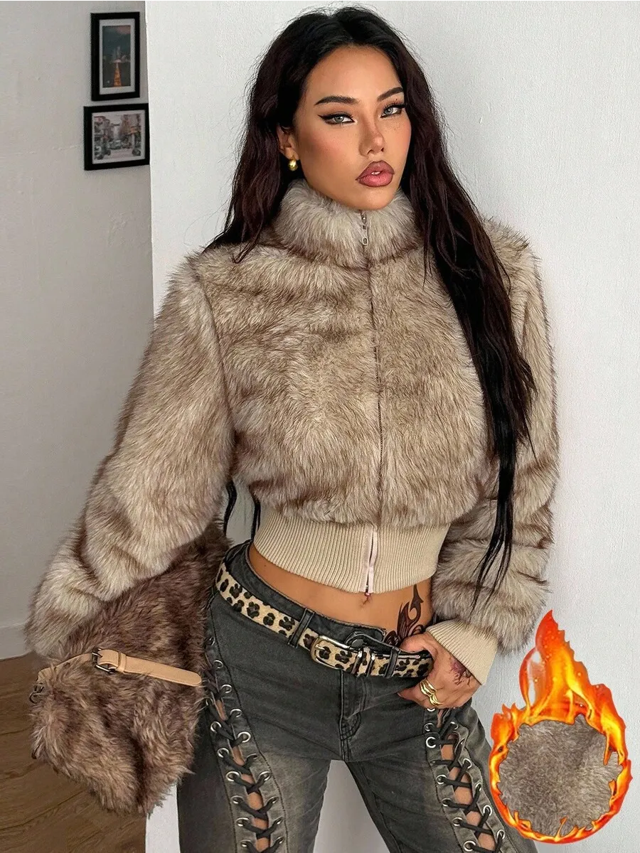 Beige Cropped Faux Fur Jacket – view 2
